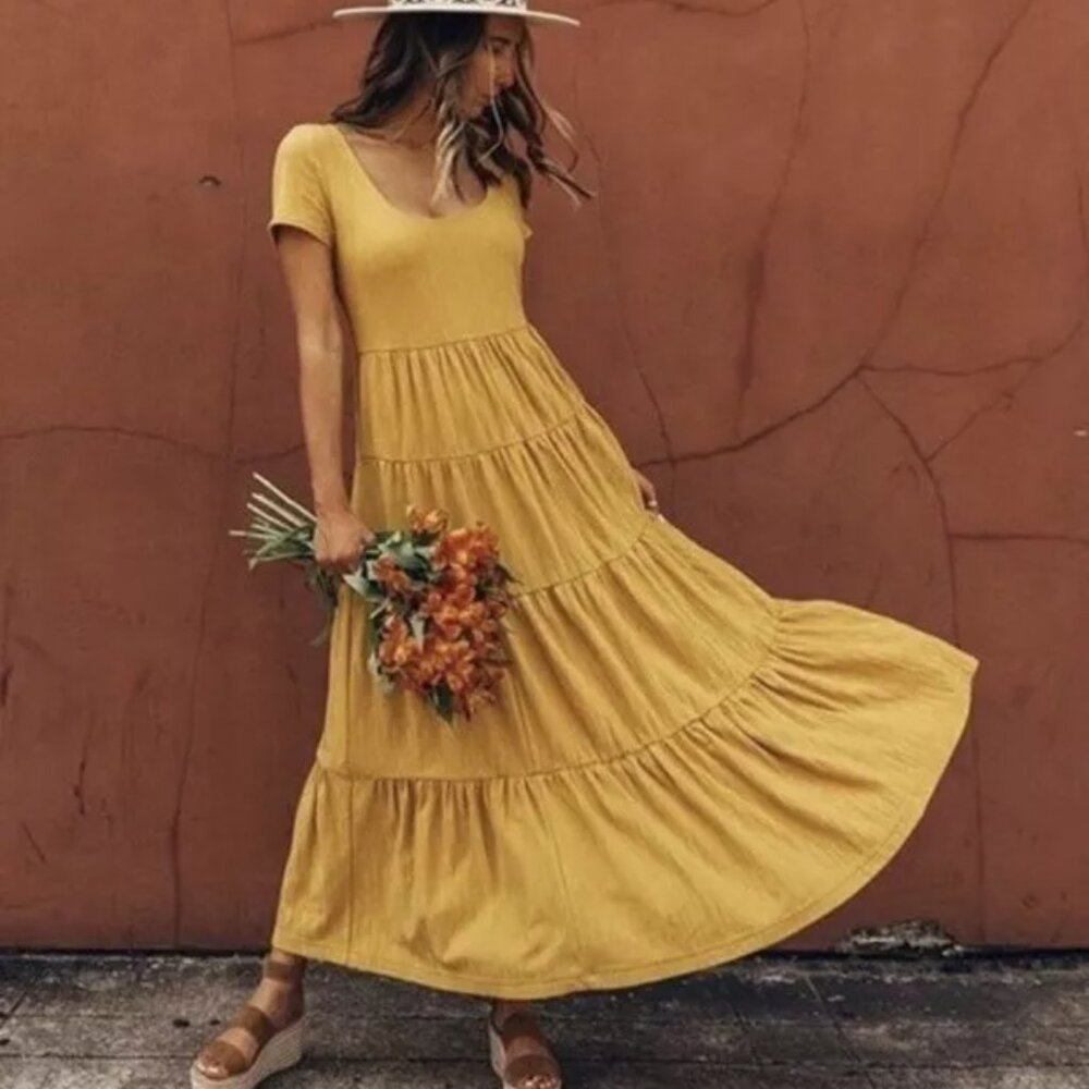 Maeve Anthropologie Mustard Yellow Pointelle Knit Tiered Maxi Dress XS Pockets
